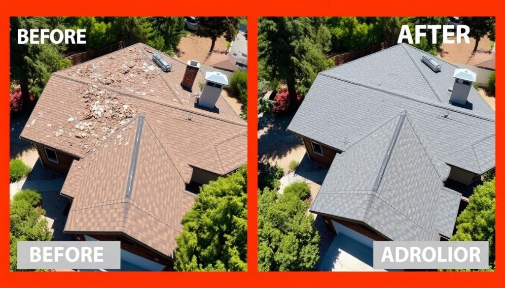 Before and after comparison of a roof replacement by Best Roofers in Idyllwild CA Before and after comparison of a roof replacement by Best Roofers in Idyllwild CA