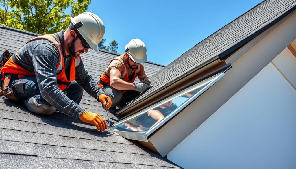 professional roofers installing undershot flashing